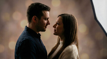 Obraz premium Photorealistic romantic couple portrait, dramatic studio lighting, emotional expressions, soft background