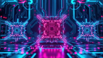 Fototapeta premium Neon circuitry forms symmetrical tunnel. Bright pink, blue lights create futuristic digital landscape. Complex patterns dominate view.