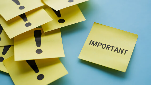 A pile of yellow sticky notes with exclamation marks and one note that says important on a blue background