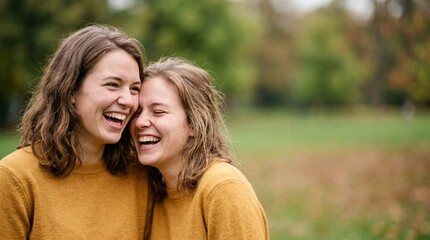Fototapeta premium Two young women laughing together in a park during autumn.