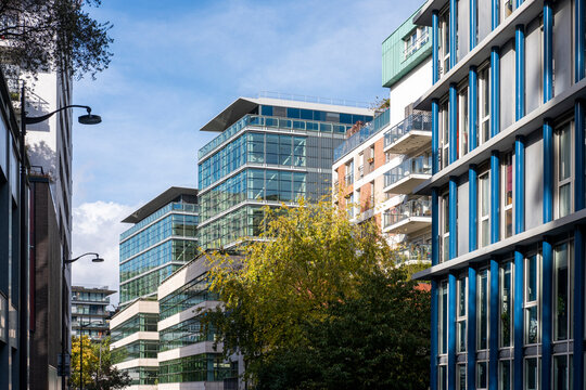 A Paris boulevard in Rive Gauche runs between glass offices, residential blocks and urban trees under a soft street sky near the buildings.