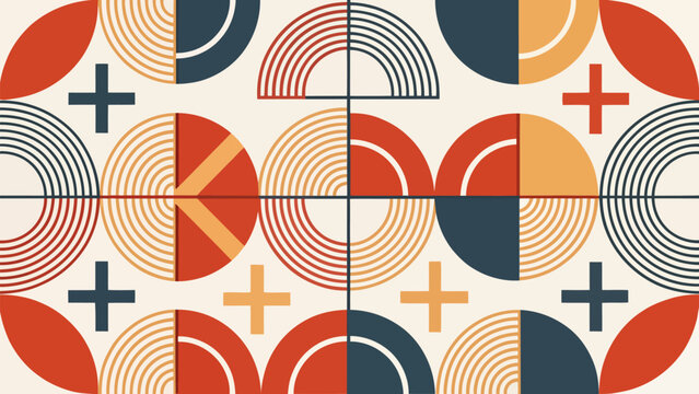 Vibrant geometric pattern with circles and crosses in orange, blue, and yellow hues