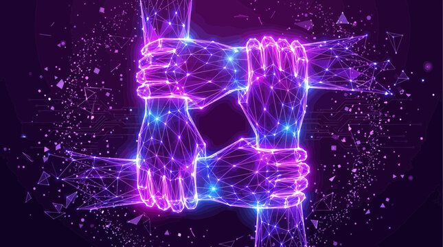 Four digital wireframe hands interlocked in a square on a dark neon purple background with glowing particles and circuit lines, Symbolizing global collaboration and interconnected digital technology