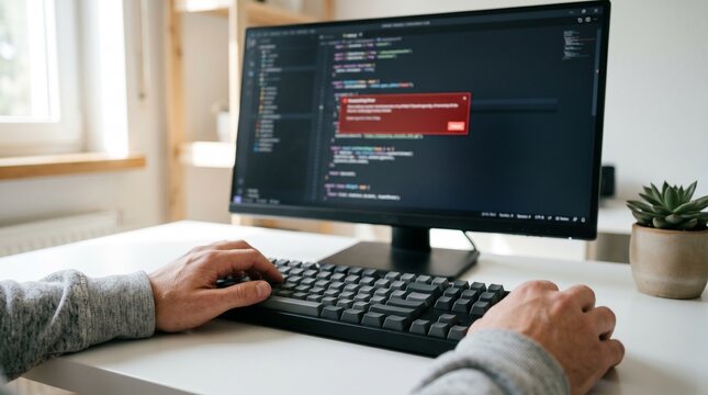 Man coding and debugging software error on computer in bright modern office.