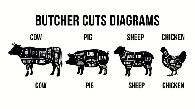 Black silhouettes of cow, pig, sheep and chicken with labeled butcher cuts on a clean white background, representing educational butcher charts and illustrating culinary guides
