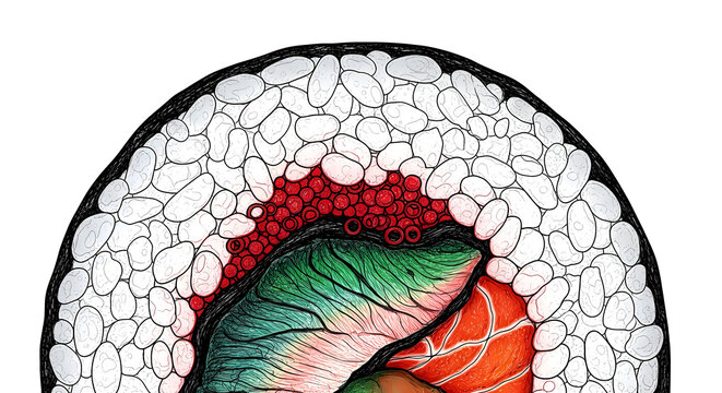 Microscopic Wonder Style. a cross-section of a maki roll as a vibrant ecosystem, view of textures like nori fibers, fish marbling, in a vibrant yet palette of crimson, emerald, ebony