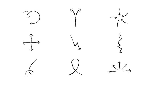 Directional animated grunge doodle arrows set. Freehand sketchy elements animation in rough brush stroke. Simple hand drawn overlays motion graphics for emphasis. Distressed pointers 4K video pack