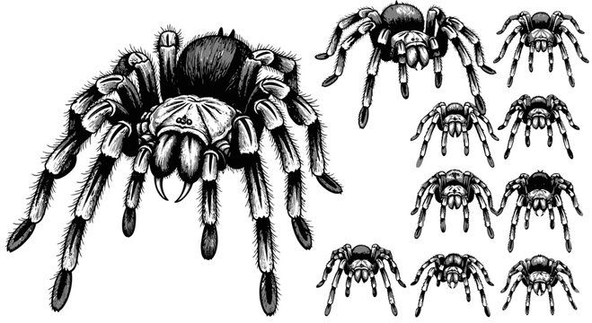 Tarantula Spider Illustration Set, Realistic Black and White Line Art