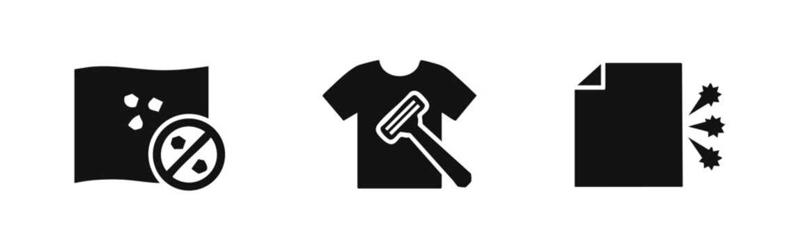 Set of professional fabric care icons featuring anti-pilling symbols, a fabric shaver on a t-shirt, and textile quality indicators. Simple design.