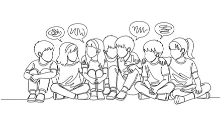 Diverse group of children sitting together, communicating and sharing ideas, line art illustration.