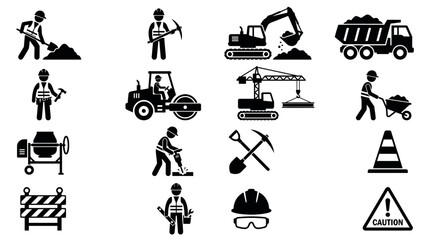 Fototapeta premium Collection of diverse construction worker and heavy equipment silhouette icons, illustrating building and development concepts, representing industrial safety and labor management