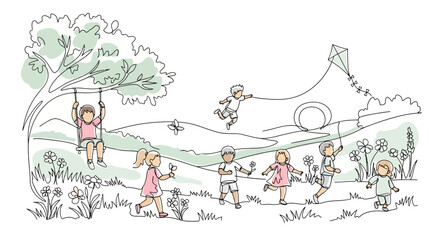 Naklejka premium Children playing in a sunny park with a kite and swing, summer outdoor fun illustration