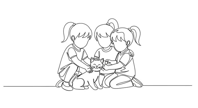 Three girls hugging a cat, continuous line drawing, friendship, childhood, pets