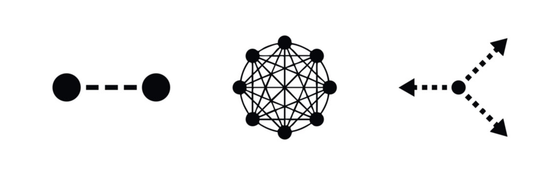 Set of three vector icons representing network connectivity, complex mesh systems, and decentralized distribution on a white background.