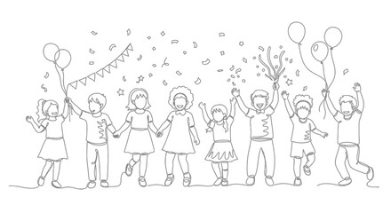 Fototapeta premium Happy Children Celebrating with Balloons and Confetti Line Art