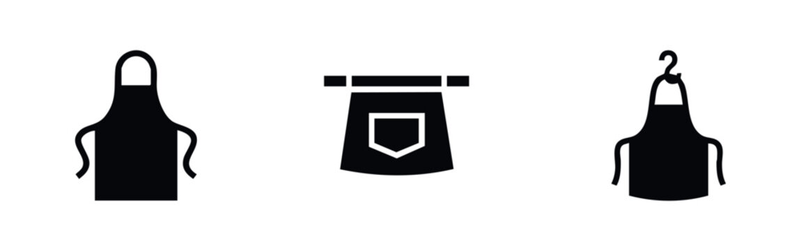 Set of minimalist black apron icons for cooking, baking, and household work. Features full bib and waist apron silhouettes on a white background.