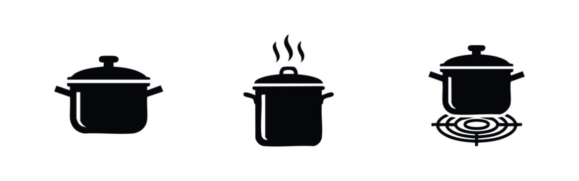 Set of black flat icons featuring various cooking pots: a standard pot, a steaming soup pot, and a pot on a stove burner, on white background.