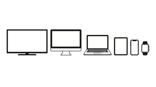 Vector illustration of a line of electronic devices from TV to smartwatch with blank white screens, representing responsive web design and cross-platform compatibility