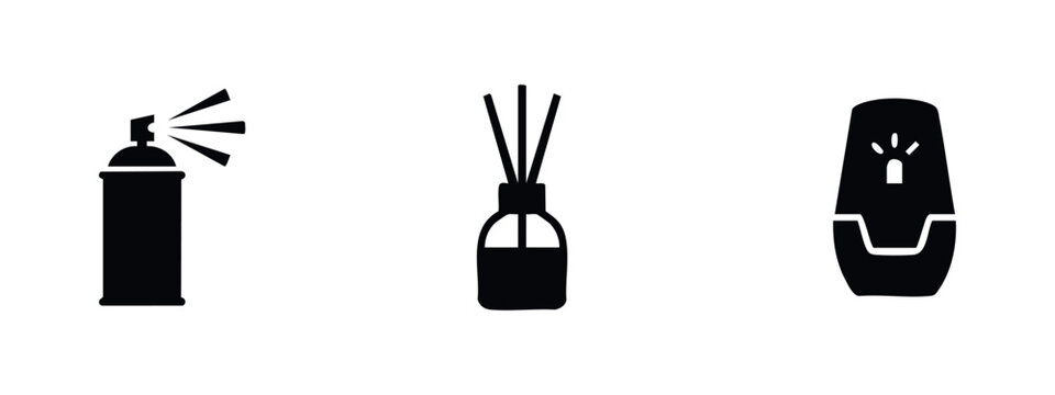 Set of black air freshener icons including aerosol spray, reed diffuser, and electric plug-in on a white background. Minimalist flat design.