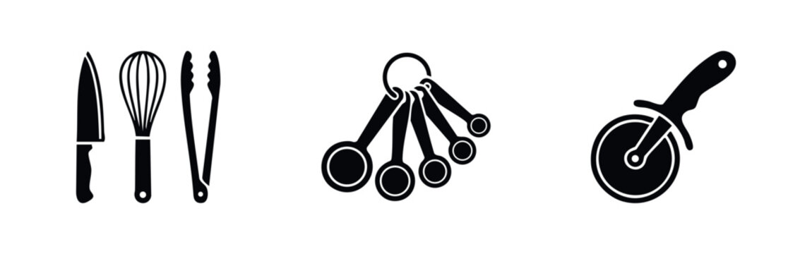 Minimalist black silhouette icons of kitchen utensils: chef knife, whisk, tongs, measuring spoons, and pizza cutter on a white background.