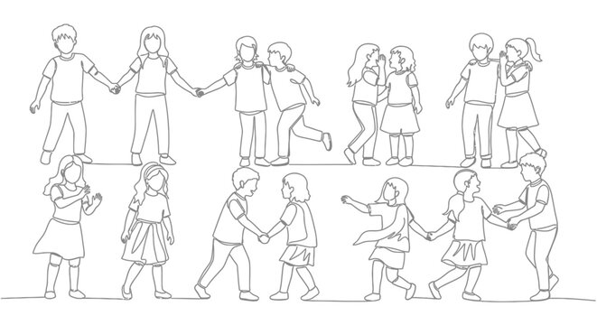 Children's Friendship Line Art: Diverse Kids Holding Hands and Playing Together