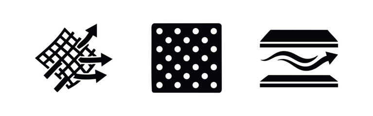 Breathability and air circulation icon set. Black symbols for textile ventilation, perforated material, and airflow. Ideal for fabric technology. © Lili