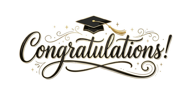 Congratulations Elegant Gold Black Script Typography - Luxury Graduation Cap Calligraphy with Swirl Flourish and Sparkle Decoration