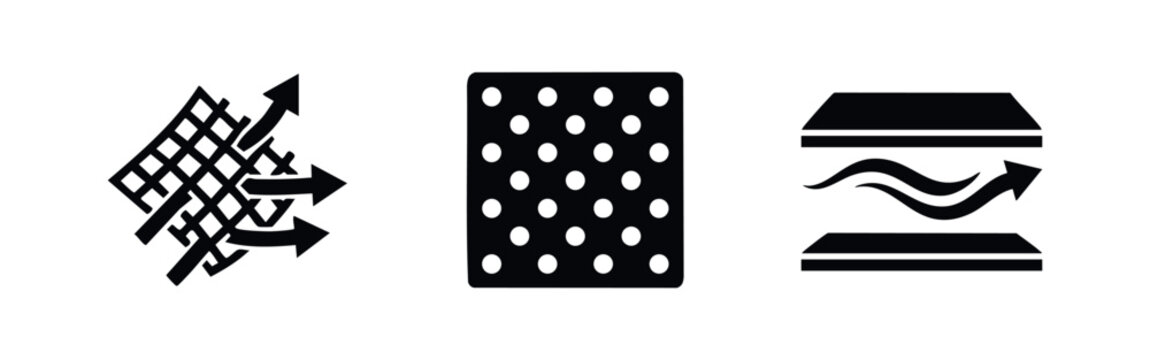 Breathability and air circulation icon set. Black symbols for textile ventilation, perforated material, and airflow. Ideal for fabric technology.