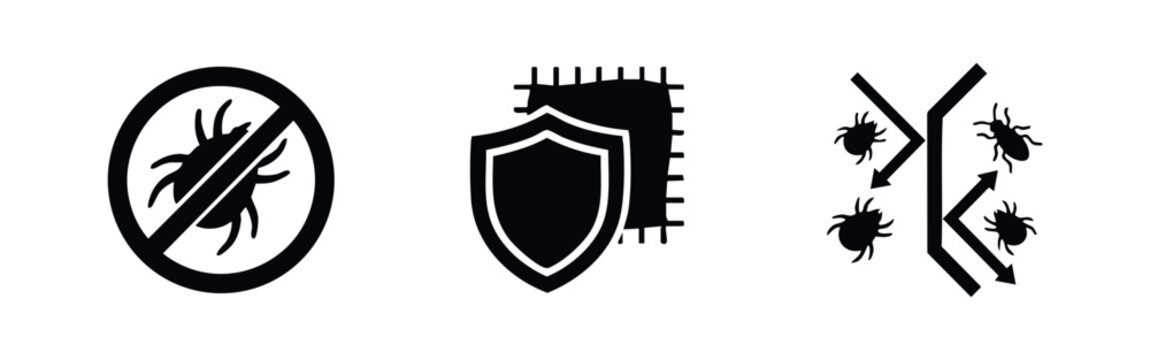 Set of minimalist black icons representing dust mite protection, anti-allergy fabric shields, and insect repellent barriers.