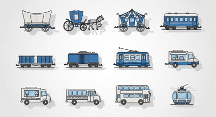 Collection of vintage and modern transportation vehicles. © Diro