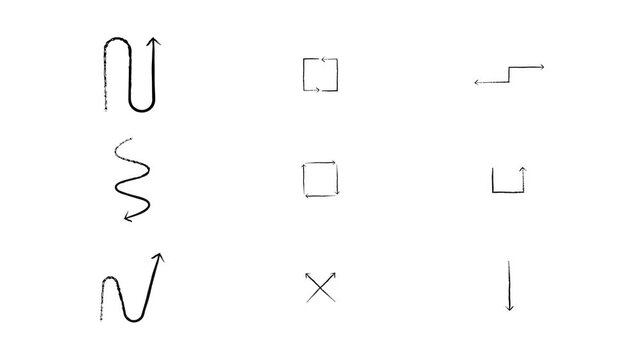 Loops and turns animated grunge doodle arrows set. Freehand sketchy elements animation in rough brush stroke style. Simple hand drawn overlays motion graphics. Distressed pointers 4K video pack