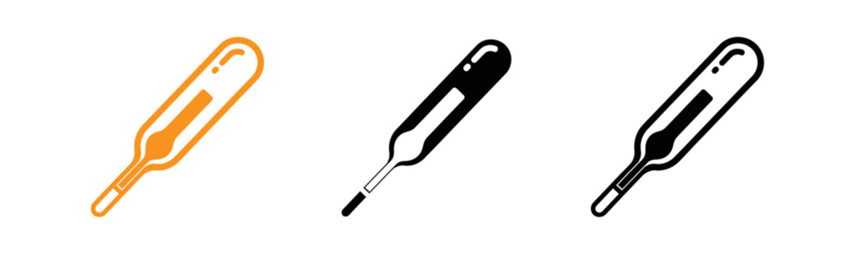 Medical thermometer icon set orange black and outline versions for healthcare and wellness graphics