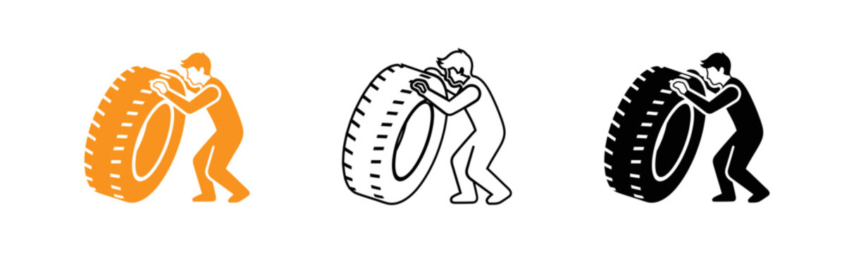 Fitness training icon set man lifting tire orange black and white versions for gym branding