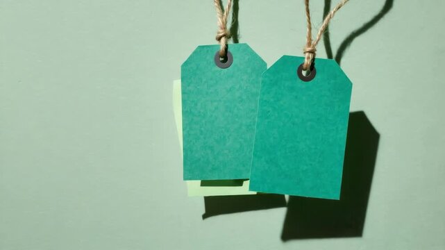 Two green tags with strings attached