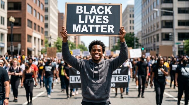 African American man protesting with Black Lives Matter sign in city march.
