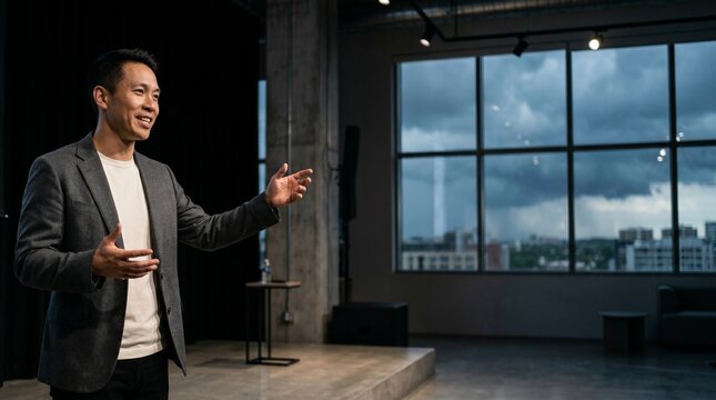 Asian businessman giving a presentation on stage in a modern conference room.