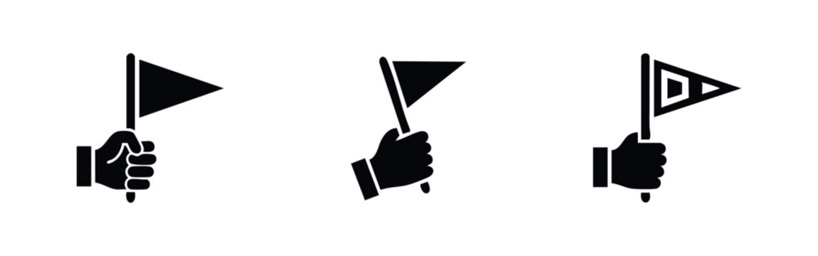 Hand Holding Flag Icons Set, Victory and Success Symbol Silhouettes