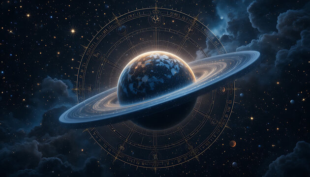 Saturn-like planet with glowing rings and astrological chart overlay in a starry night sky astrology