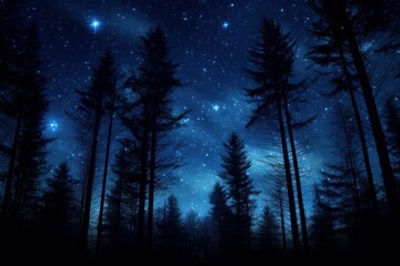 Fototapeta premium Dark pine trees standing tall against a vibrant blue starry night sky and nebula