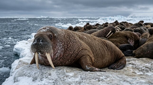 A large walrus resting on an ice floe in the Arctic ocean.