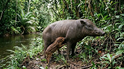 Fototapeta premium A mother bearded pig suckling her piglet in the Borneo rainforest.