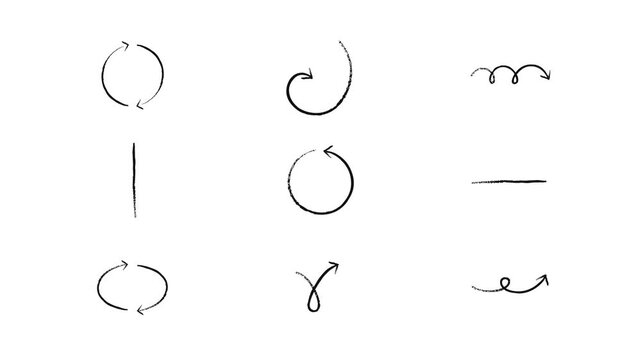 Circular and loop animated grunge doodle arrows set. Freehand sketchy elements animation in rough brush stroke style. Simple hand drawn motion graphics for emphasis. Distressed pointers 4K video pack