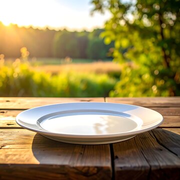 Empty white plate on wooden table.