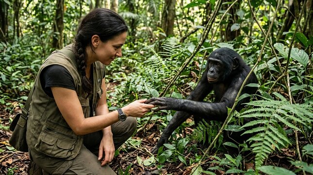A researcher gently interacting with a young bonobo in the rainforest.