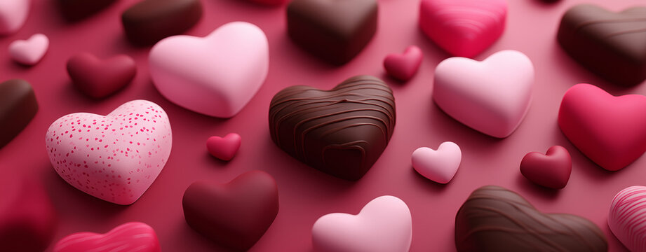 -3d rendering of a valentine's day background with a large pink heart and many small chocolate hearts on a dark red background, in a top-down pattern