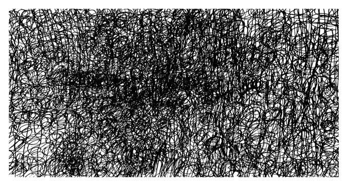 Hand-drawn monochrome line art with complex overlapping lines densely filling the screen