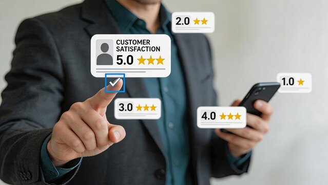 Businessman selecting five star rating on virtual interface, customer satisfaction score selection process, user feedback mechanism design, interactive touch screen technology for
