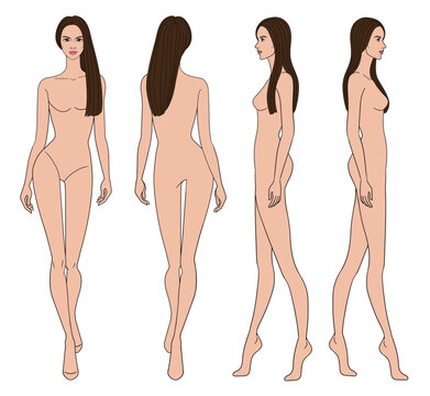 Colored tan skin fashion croquis figurines walking front side back with straight long hair woman in white background.