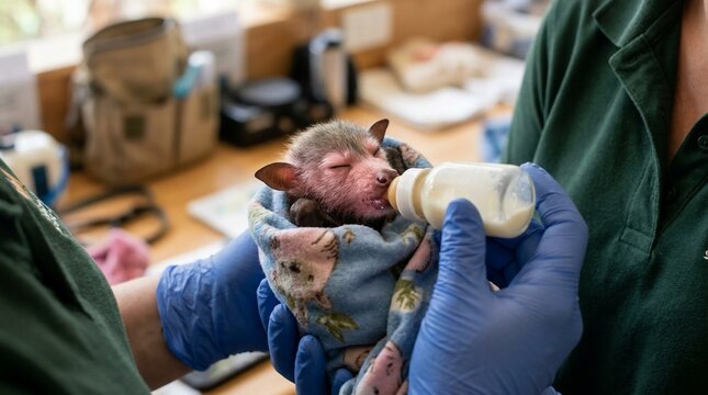 A wildlife rehabilitator feeding a rescued orphaned baby bat with a small bottle.