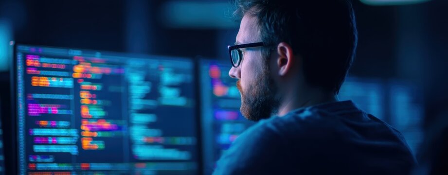 Software developer working on computer code across multiple monitors in dark office room with programming interface and modern technology workstation